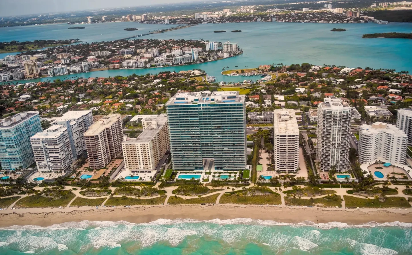 Miami Beach from the air, high-rises along the shore
